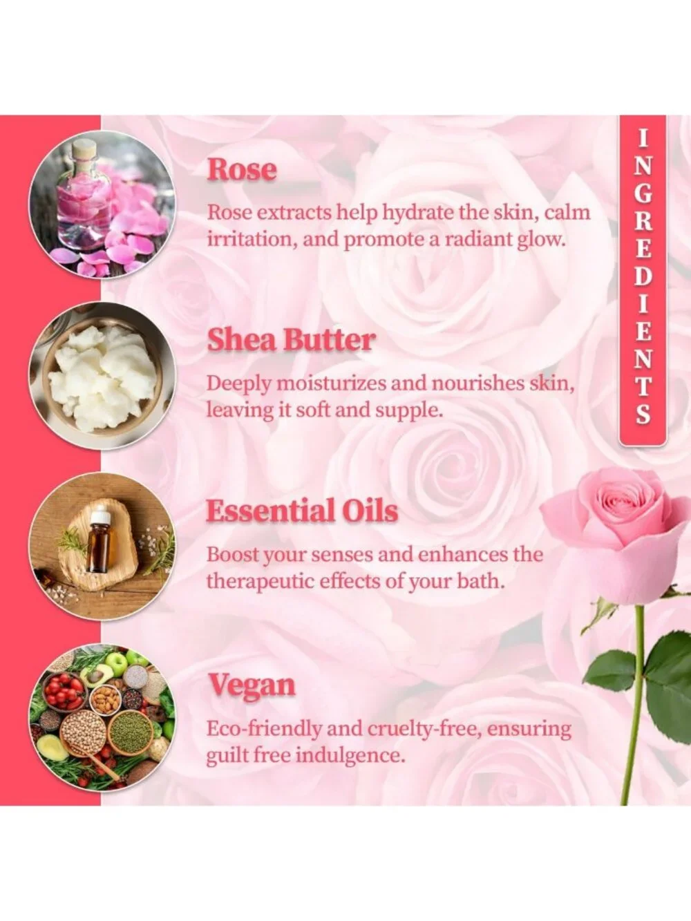 Luxury Rose Bath Bombs 4-Pack, Vegan & Essential Oils, Relaxing Gift Set for All